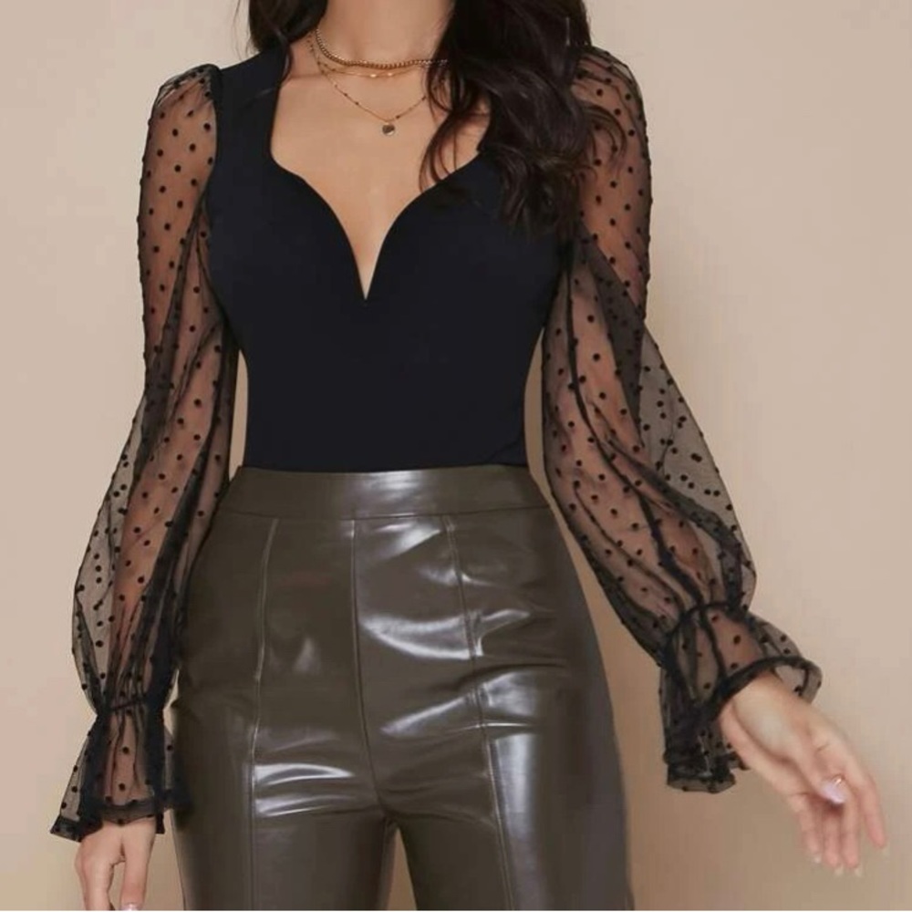 Contrast Mesh, Ruffle, Sheer Flounce Sleeve women top